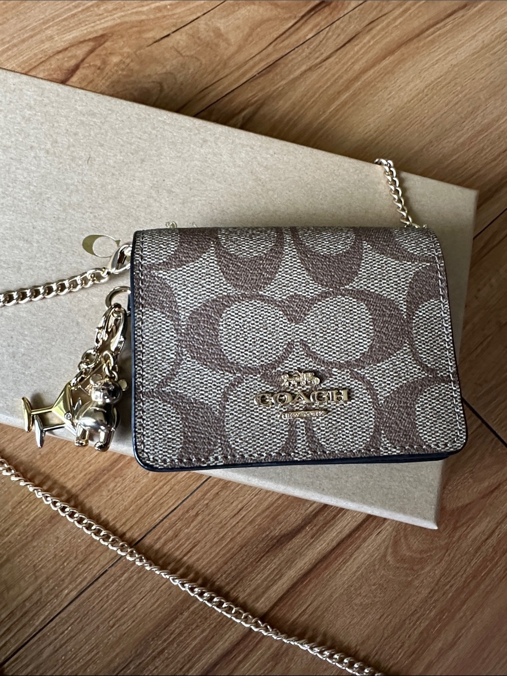 Coach Mini Wallet Card Holder in Brown Signature Canvas on Gold Chain Strap